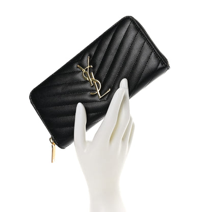 Saint Laurent Grain De Poudre Matelasse Chevron Monogram Zip Around Wallet Black 2 of 8