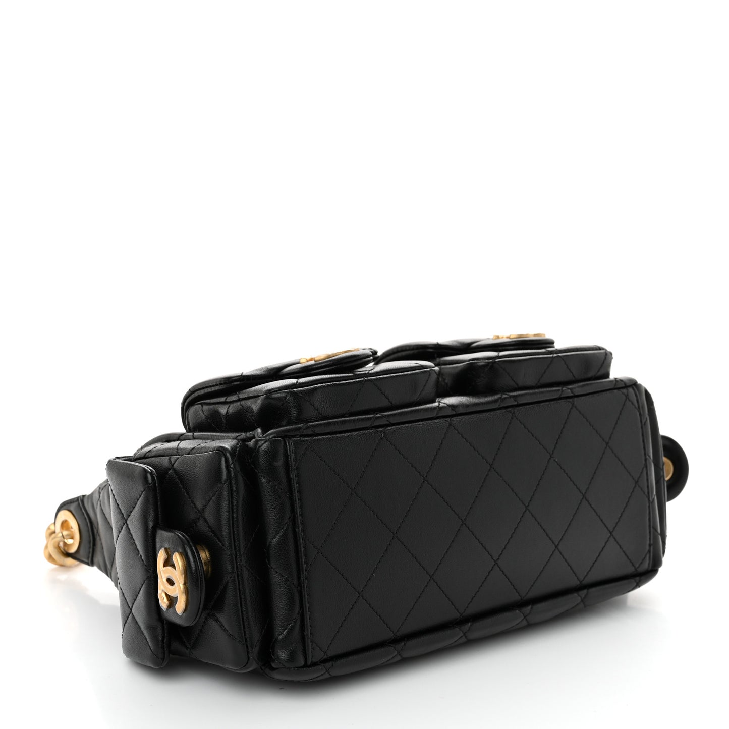 Shiny Lambskin Quilted Trendy Pockets Hobo Black