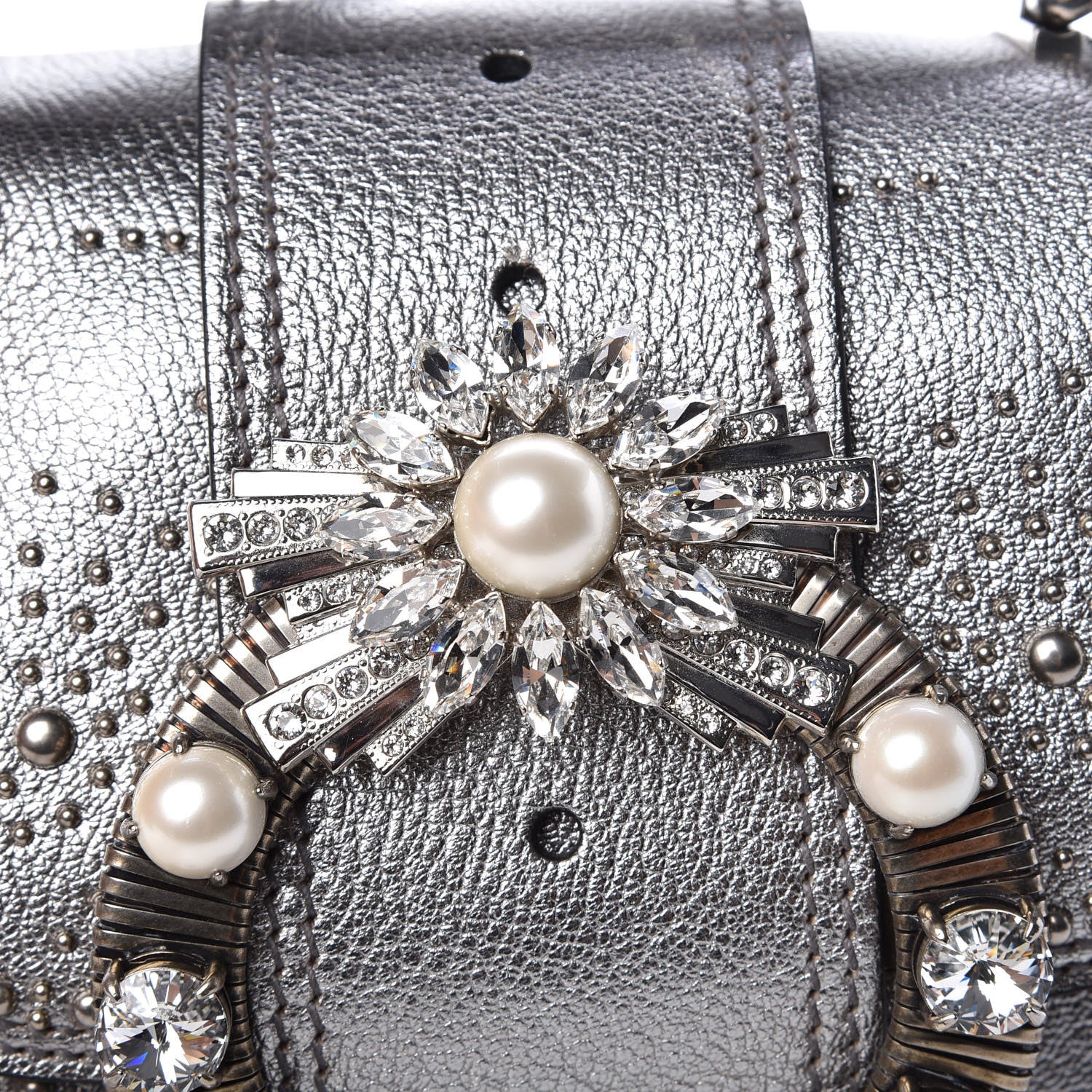 Miu Miu Goatskin Madras Soft Calfskin Crystal Embellished Dahlia Shoulder Bag Chrome 12 of 16