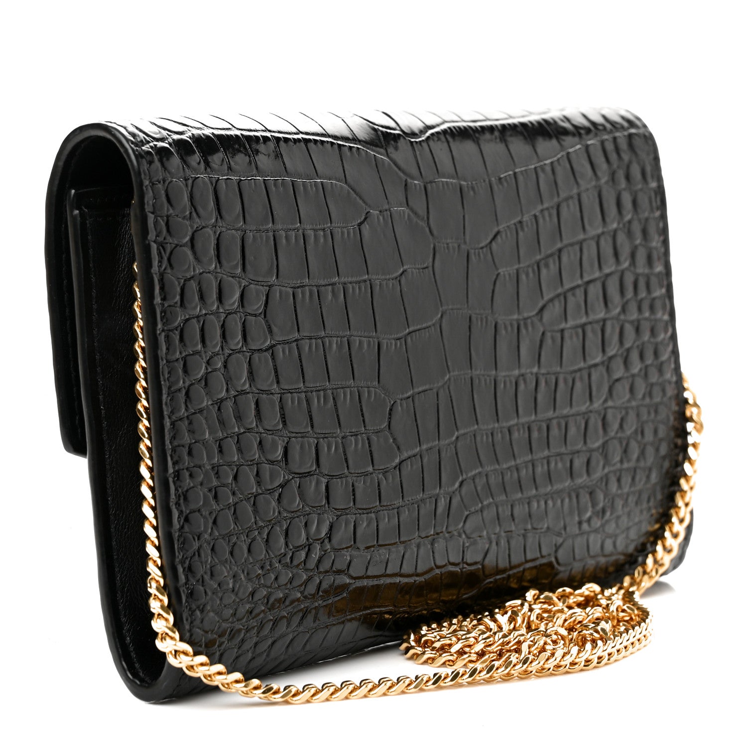 Saint Laurent Calfskin Crocodile Embossed Monogram Uptown Chain Wallet Black 2 of 10