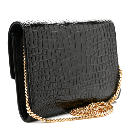 Saint Laurent Calfskin Crocodile Embossed Monogram Uptown Chain Wallet Black 2 of 10