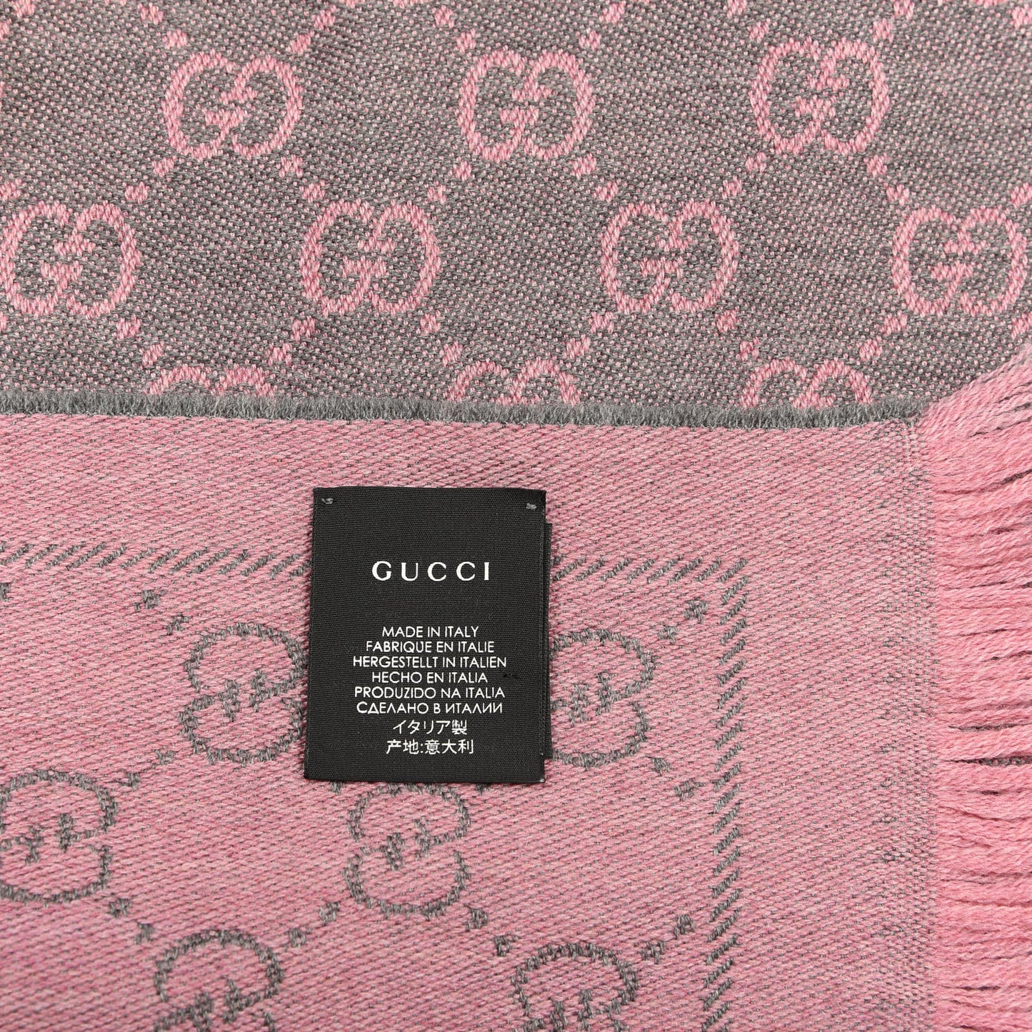 Wool Jacquard GG Monogram Sten Fringe Scarf Graphite Pink