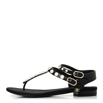 Chanel Lambskin Pearl Thong Sandals 36 Black 1 of 4