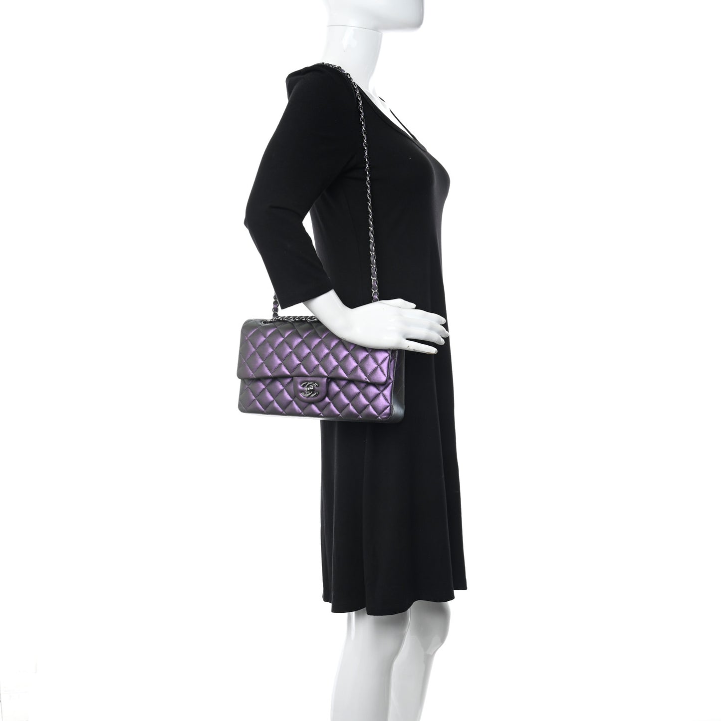 Iridescent Lambskin Quilted Medium Double Flap Dark Purple
