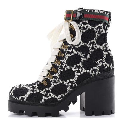 Gucci Tweed GG Monogram Lace Up Combat Ankle Boots 40.5 Black 1 of 12