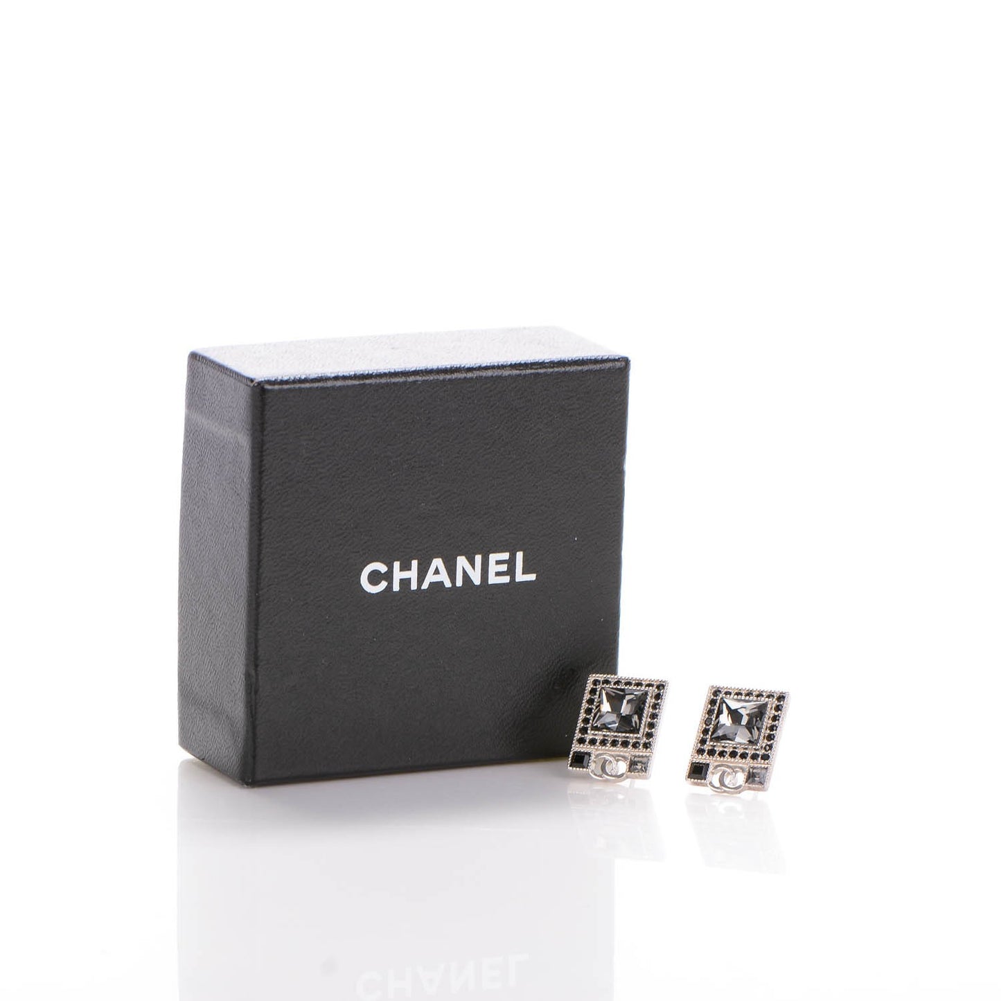 Crystal CC Square Earrings Black Silver