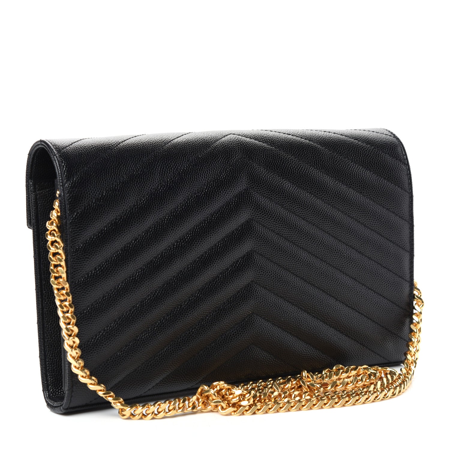 Saint Laurent Grain De Poudre Matelasse Chevron Monogram Chain Wallet Black 3 of 10