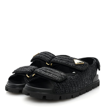 Prada Raffia Metal Triangle Logo Crochet Cage Sandals 39 Black 3 of 8