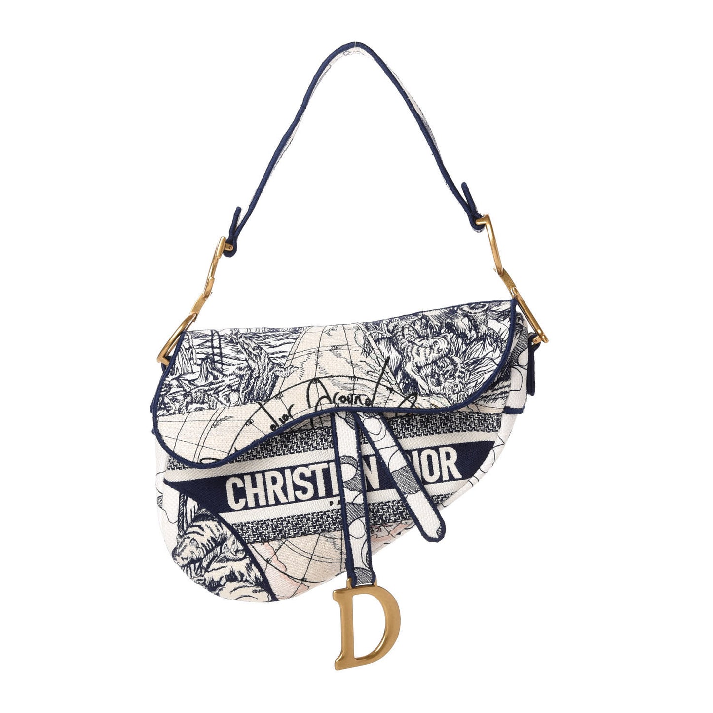 Canvas Embroidered Around the World Saddle Bag Blue