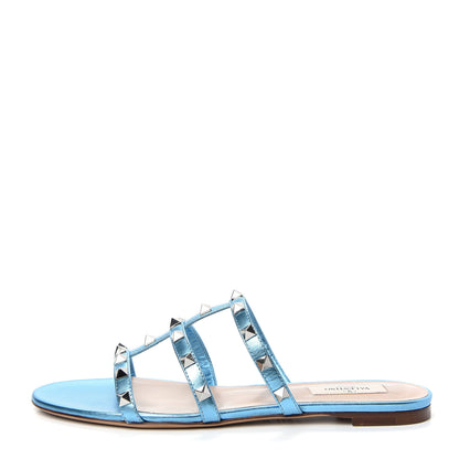 Valentino Garavani Metallic Nappa Rockstud Caged Flat Slide Sandals 38.5 Cerulean 1 of 11