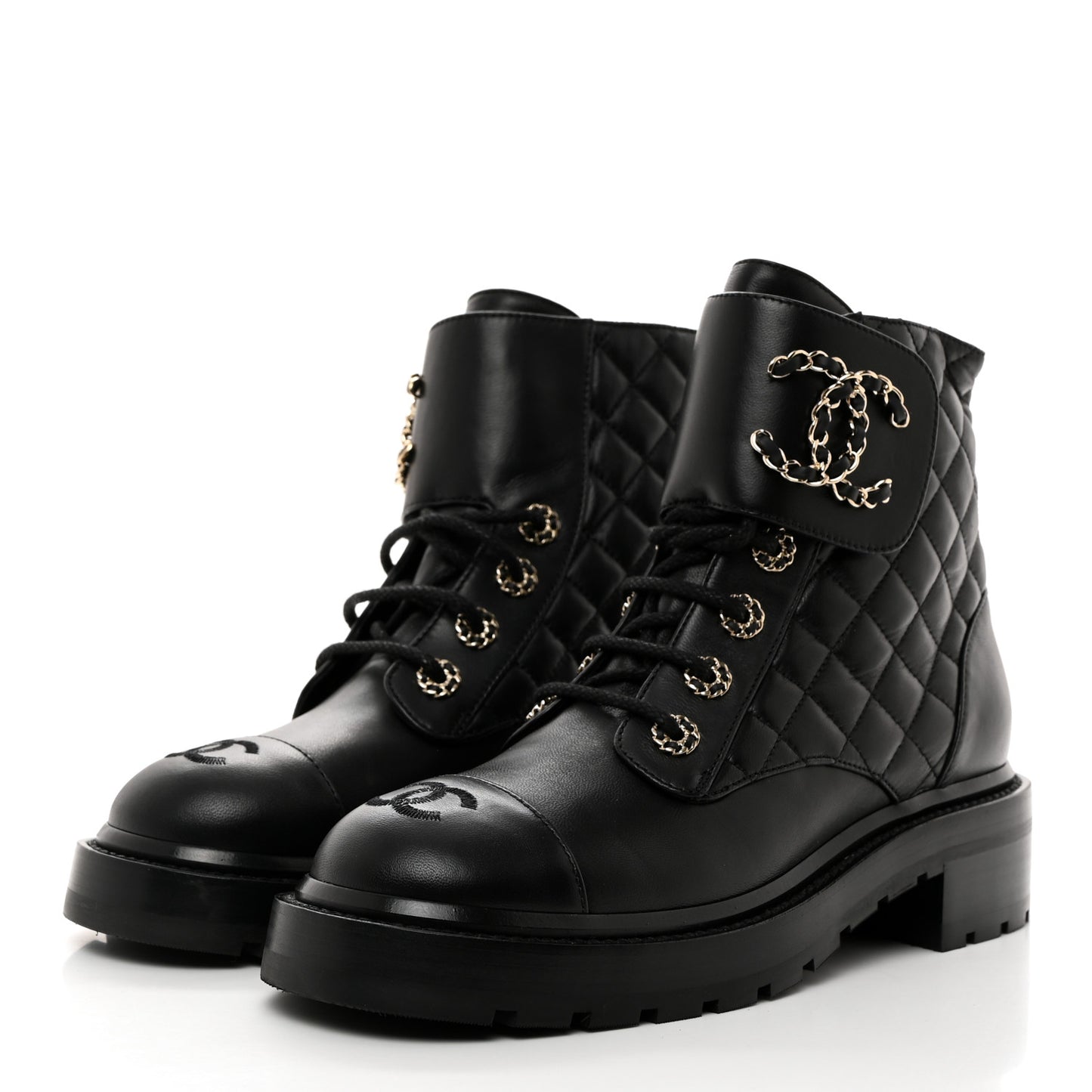 Shiny Lambskin Quilted Lace Up Combat Boots 38 Black