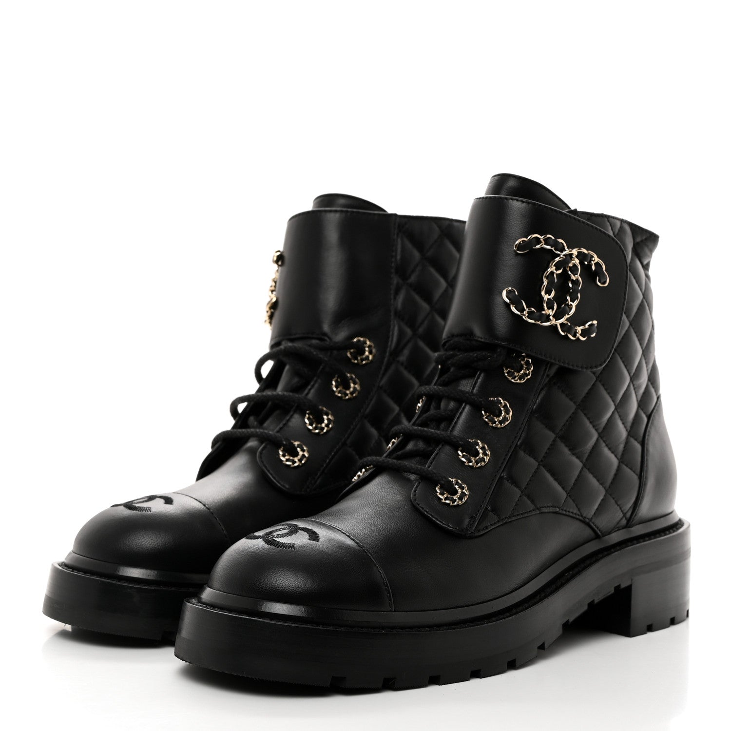 Chanel Shiny Lambskin Quilted Lace Up Combat Boots 38 Black 3 of 9