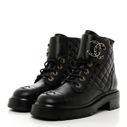 Chanel Shiny Lambskin Quilted Lace Up Combat Boots 38 Black 3 of 9