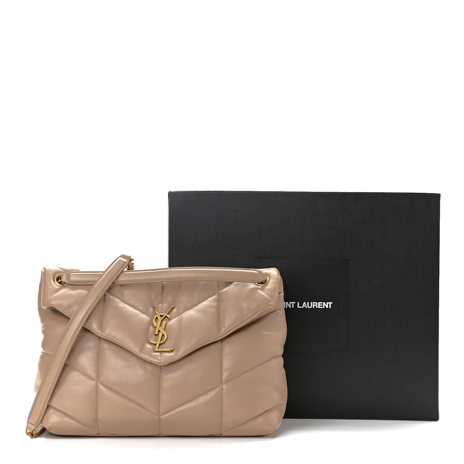 Saint Laurent Lambskin Quilted Medium Loulou Puffer Monogram Chain Satchel Dark Beige 11 of 11