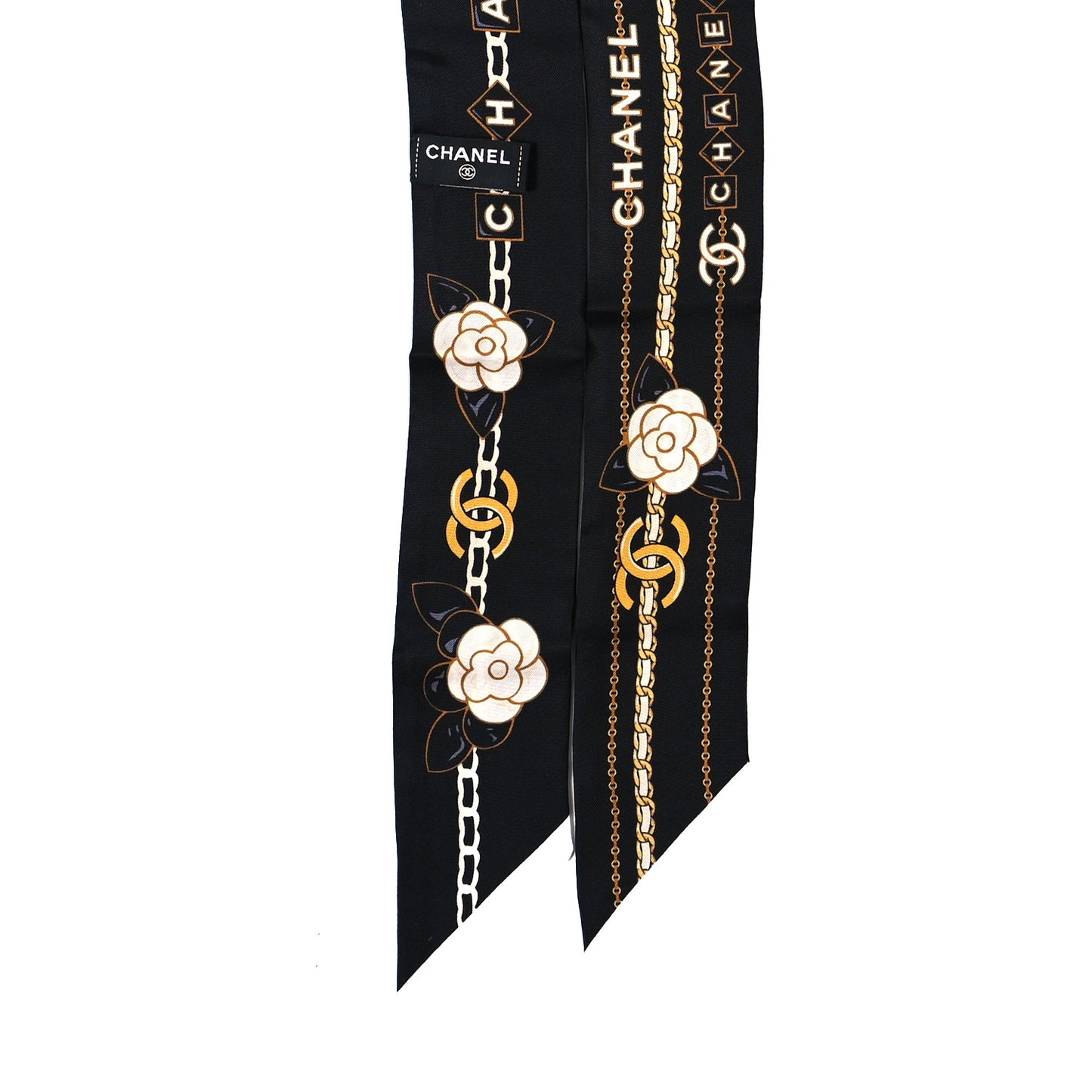 Silk Camellia CC Chain Slim Bandeau Scarf Black