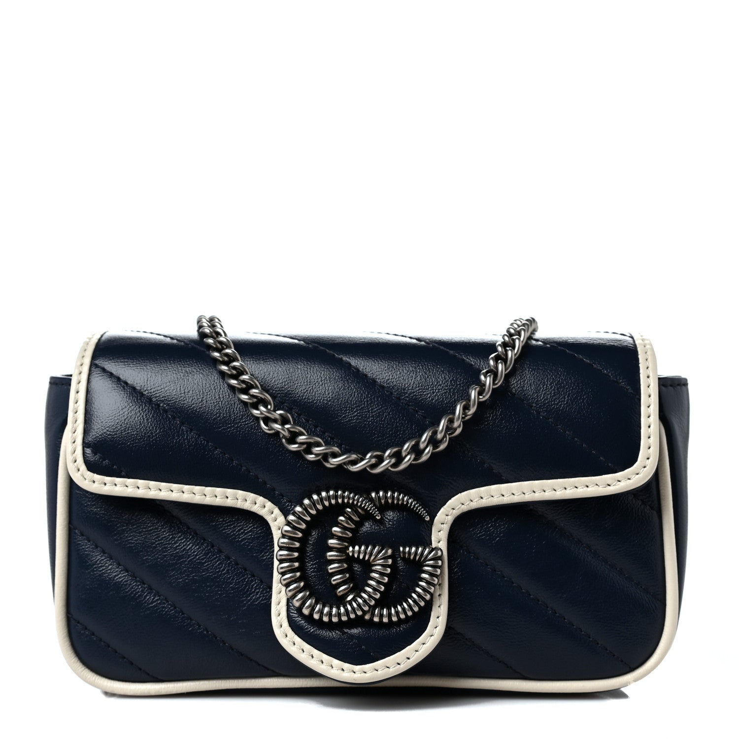 Gucci Vintage Effect Calfskin Matelasse Diagonal Super Mini Torchon GG Marmont Shoulder Bag Blue Agata Mystic White 1 of 10