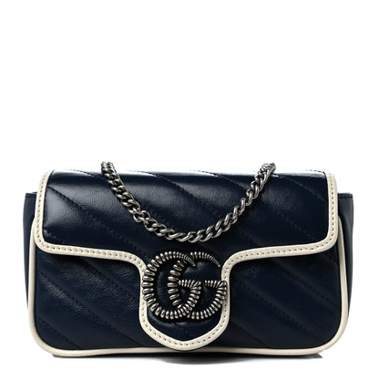 Gucci Vintage Effect Calfskin Matelasse Diagonal Super Mini Torchon GG Marmont Shoulder Bag Blue Agata Mystic White 1 of 10