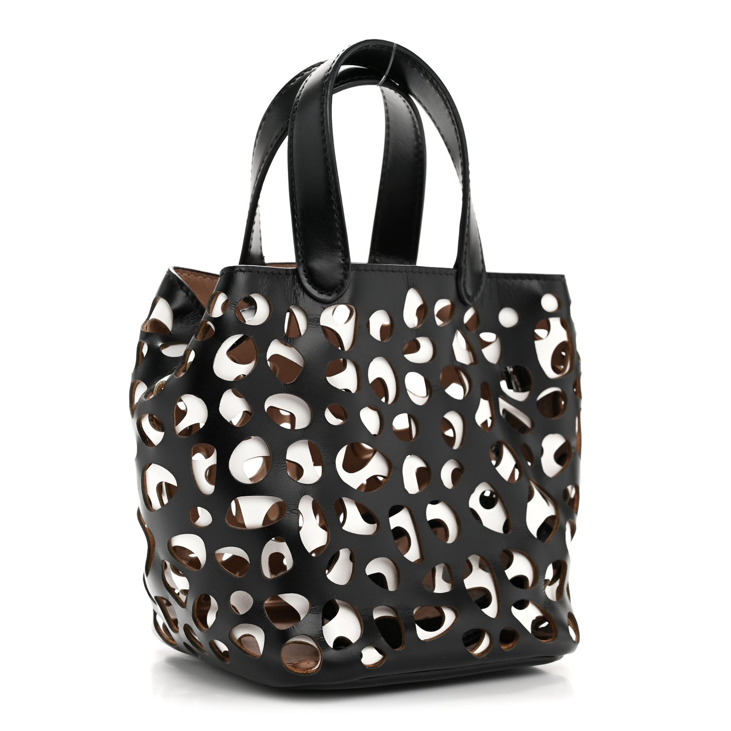 Calfskin Laser Cut Bucket Bag Black White