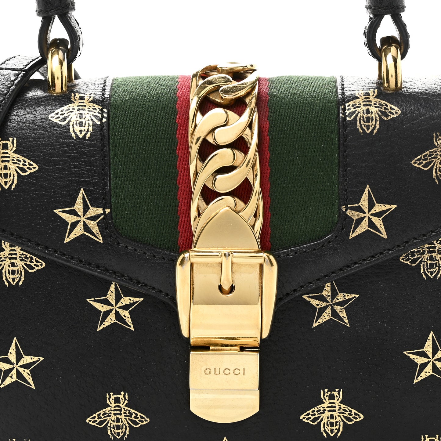 Textured Calfskin Bee Star Print Mini Sylvie Top Handle Bag Black
