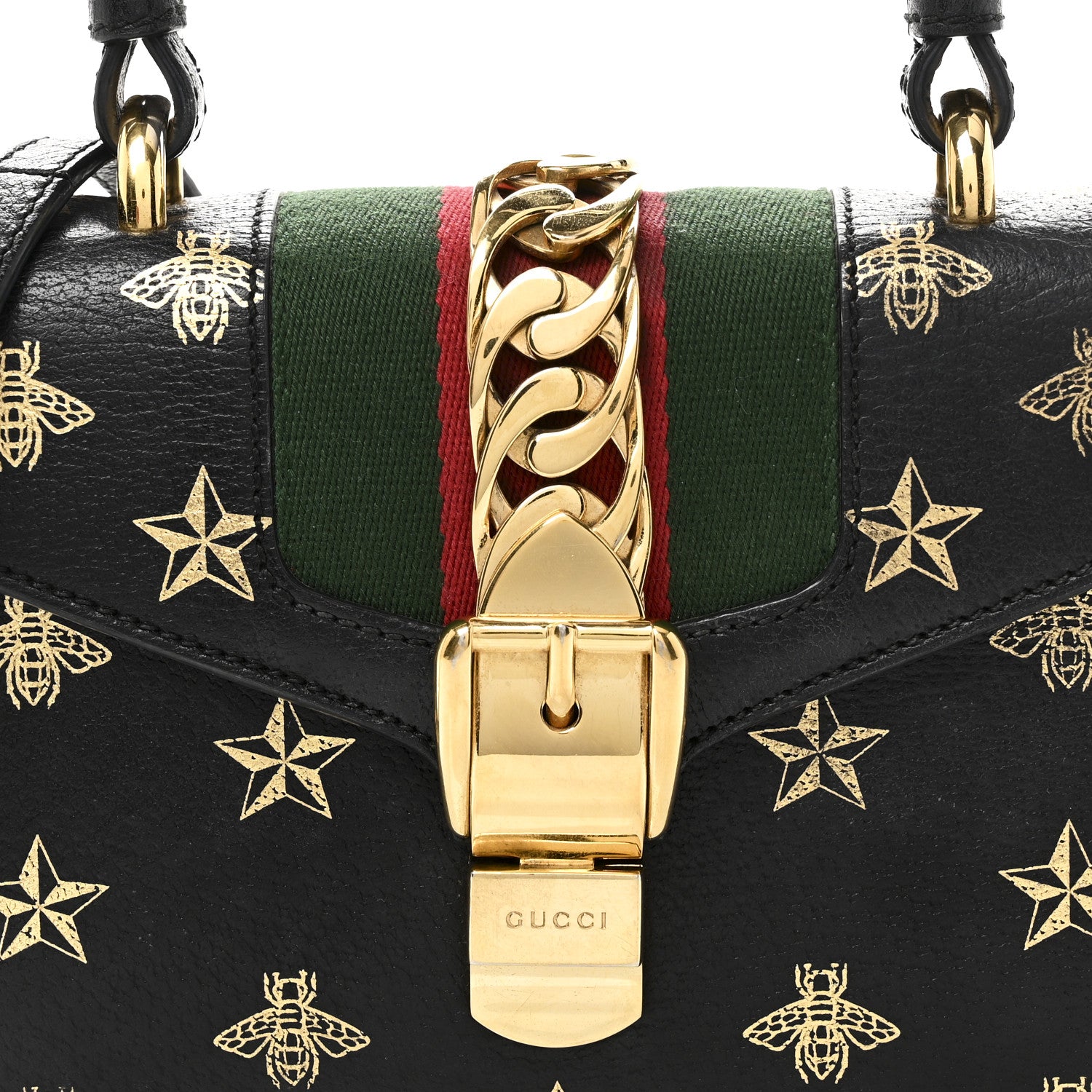 Gucci Textured Calfskin Bee Star Print Mini Sylvie Top Handle Bag Black 8 of 10