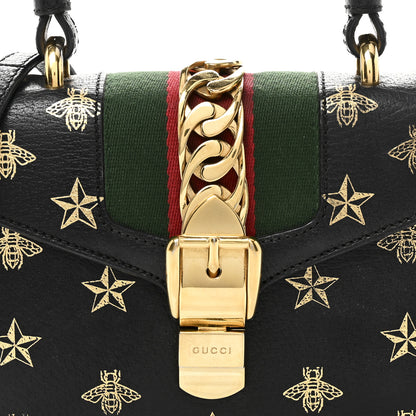 Gucci Textured Calfskin Bee Star Print Mini Sylvie Top Handle Bag Black 8 of 10