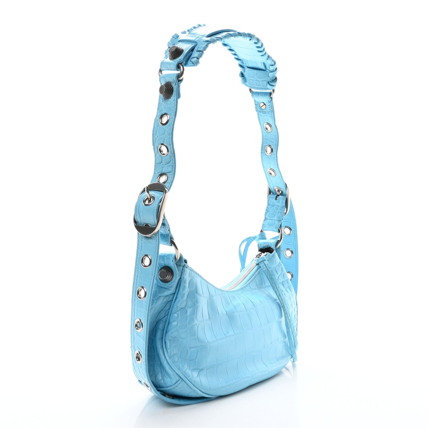 Balenciaga Extra Supple Calfskin Crocodile Embossed Le Cagole Shoulder Bag XS Cyan 3 of 11