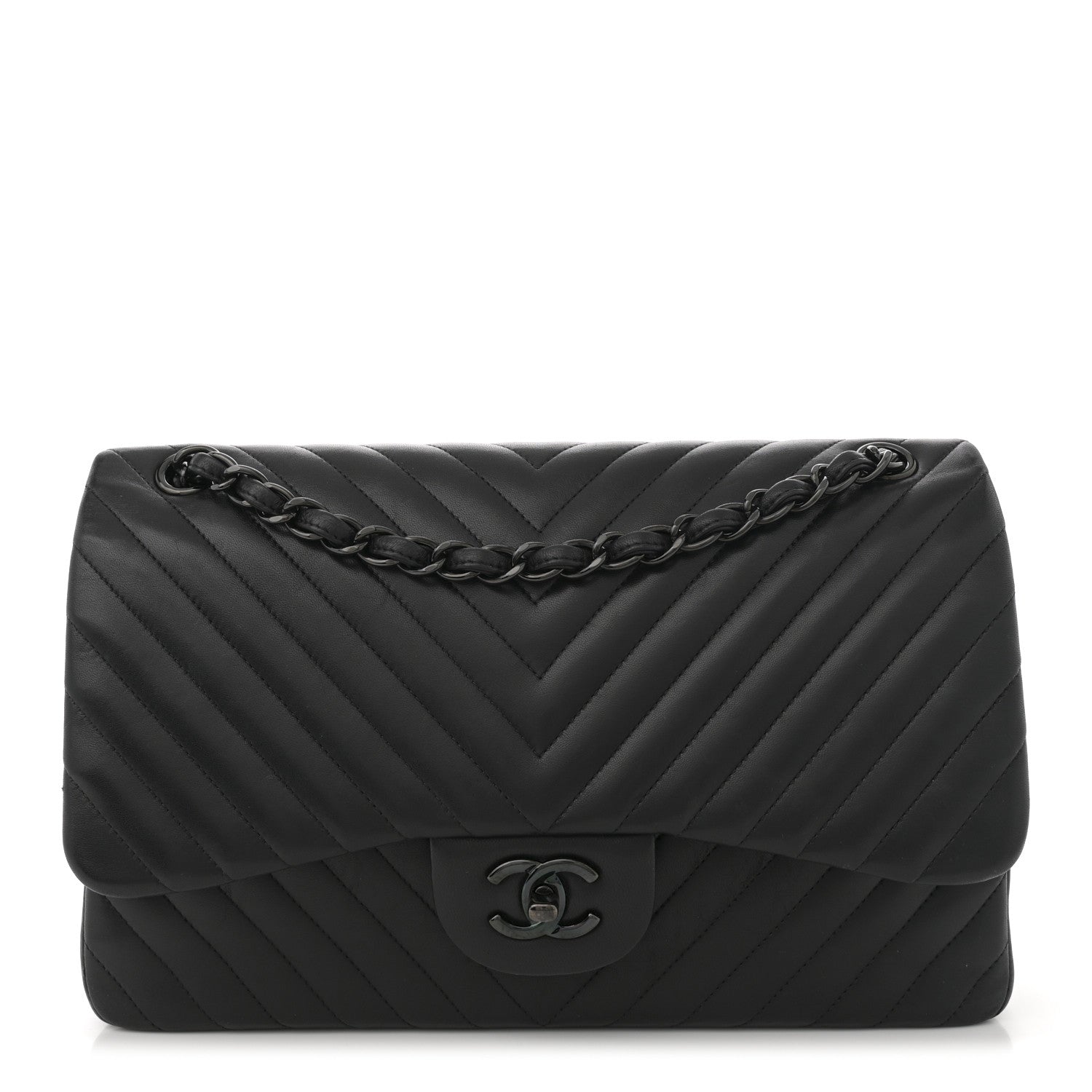 Chanel Lambskin Chevron Quilted Jumbo Double Flap So Black So Black 1 of 9