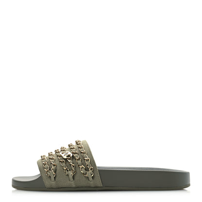 Chanel Canvas Chain Flat Sandals 40 Khaki 1 of 14
