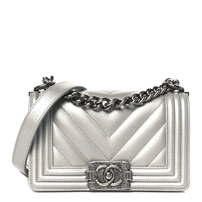 Chanel Metallic Caviar Chevron Quilted Small Boy Flap Silver 1 of 10