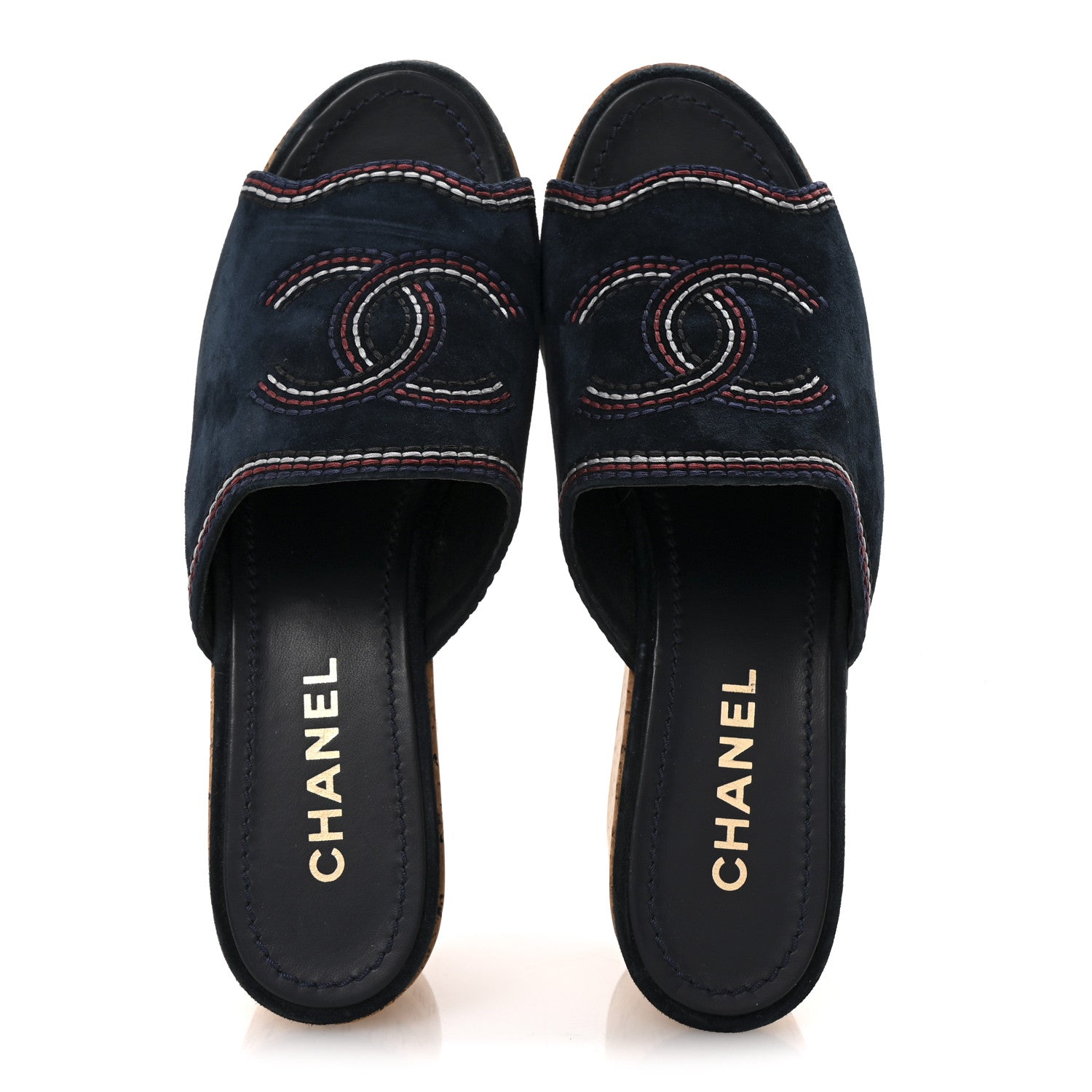 Chanel Suede Calfskin Cork CC Wedge Sandal 39 Navy Blue 2 of 10