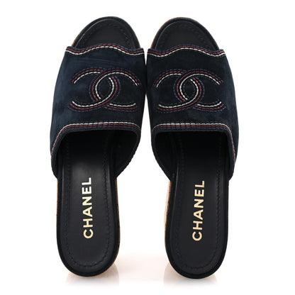 Chanel Suede Calfskin Cork CC Wedge Sandal 39 Navy Blue 2 of 10