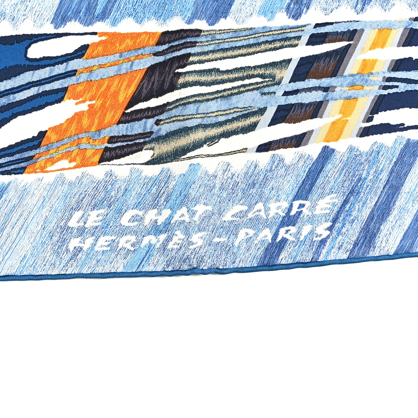 Silk Le Chat Carre Scarf 90 Bleu Caramel White