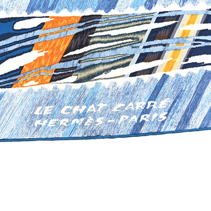 Hermes Silk Le Chat Carre Scarf 90 Bleu Caramel White 2 of 5
