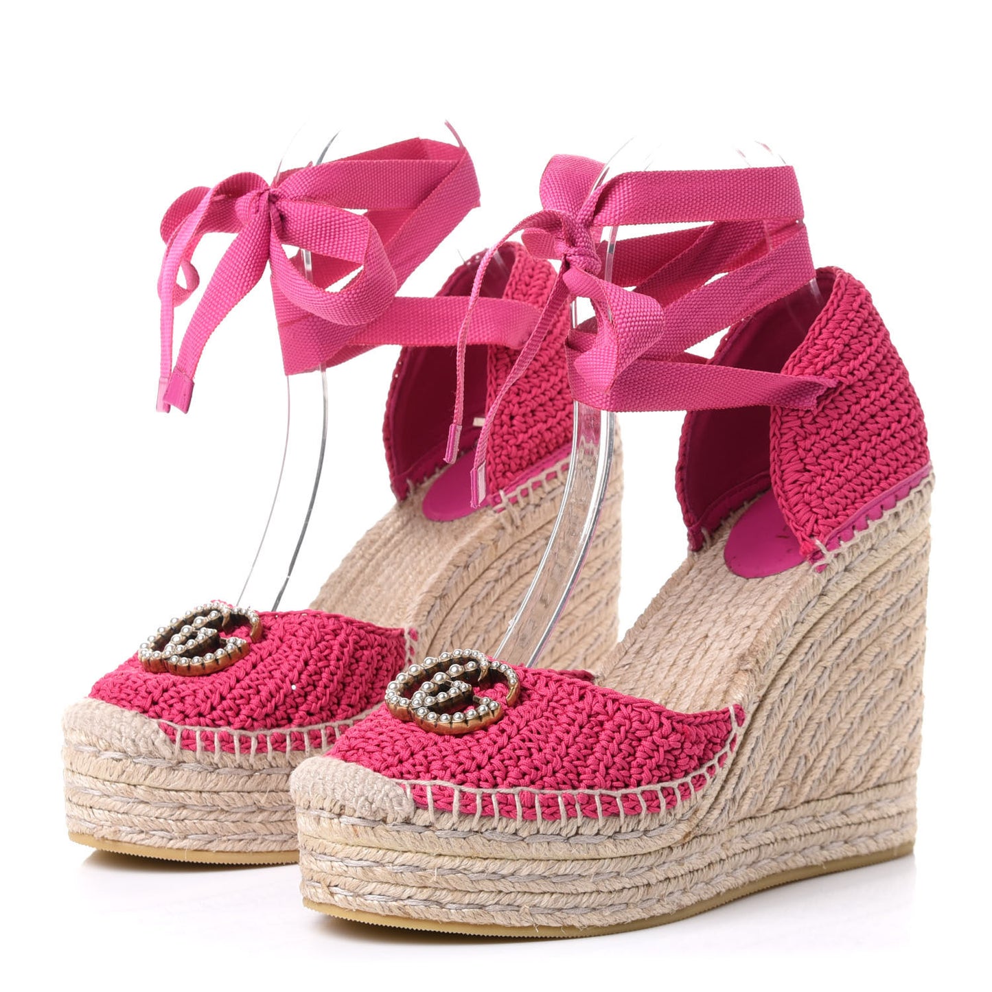 Cotton Crochet Pearly GG Ankle Wrap Platform Espadrille Wedges 36 Cyclamen Rose