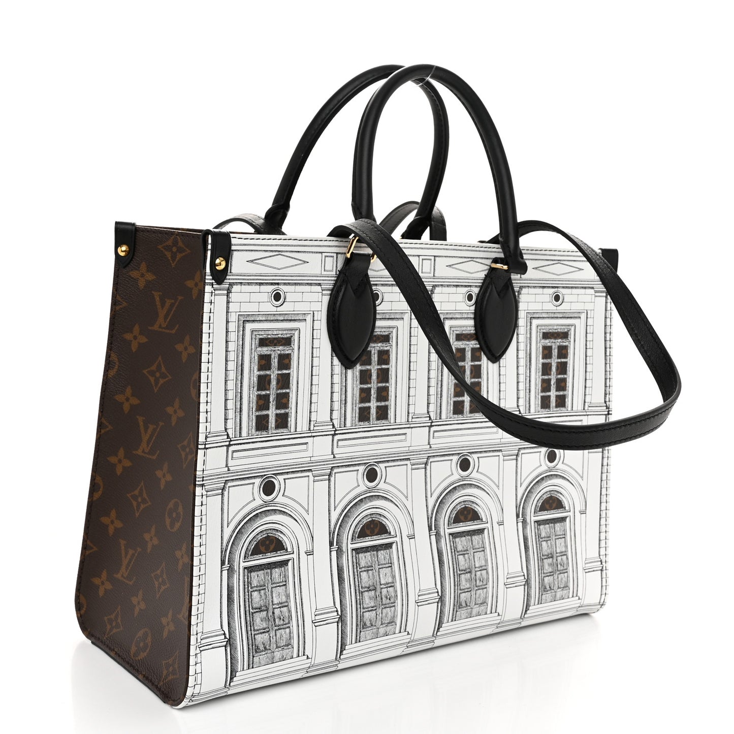 X FORNASETTI Calfskin Architettura Onthego MM Black White