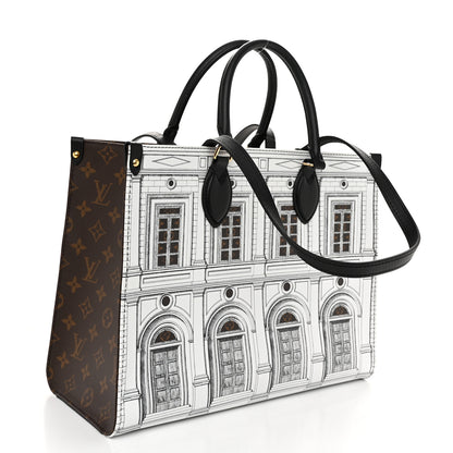 Louis Vuitton X FORNASETTI Calfskin Architettura Onthego MM Black White 3 of 9