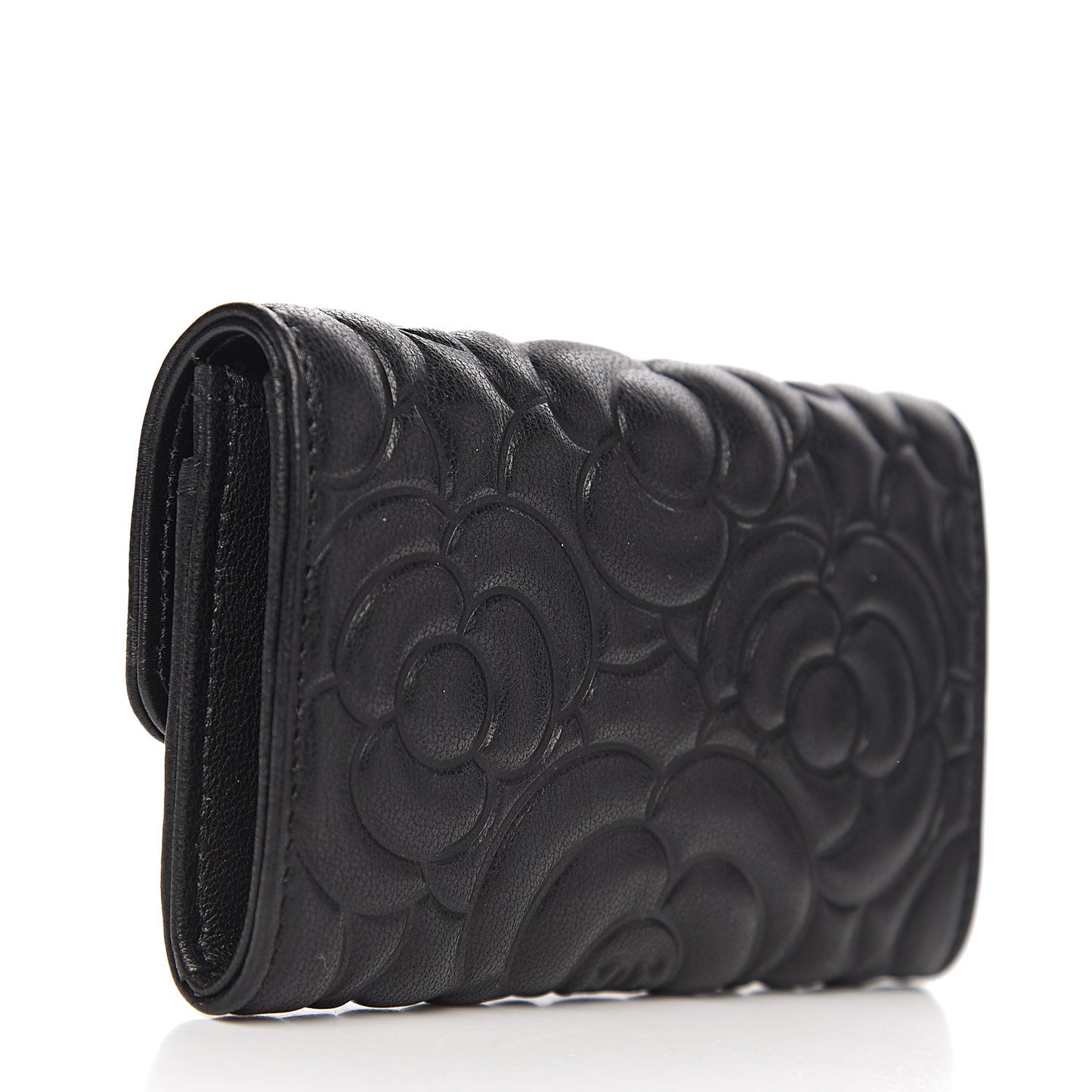 Lambskin Camellia Embossed Card Holder Wallet Black
