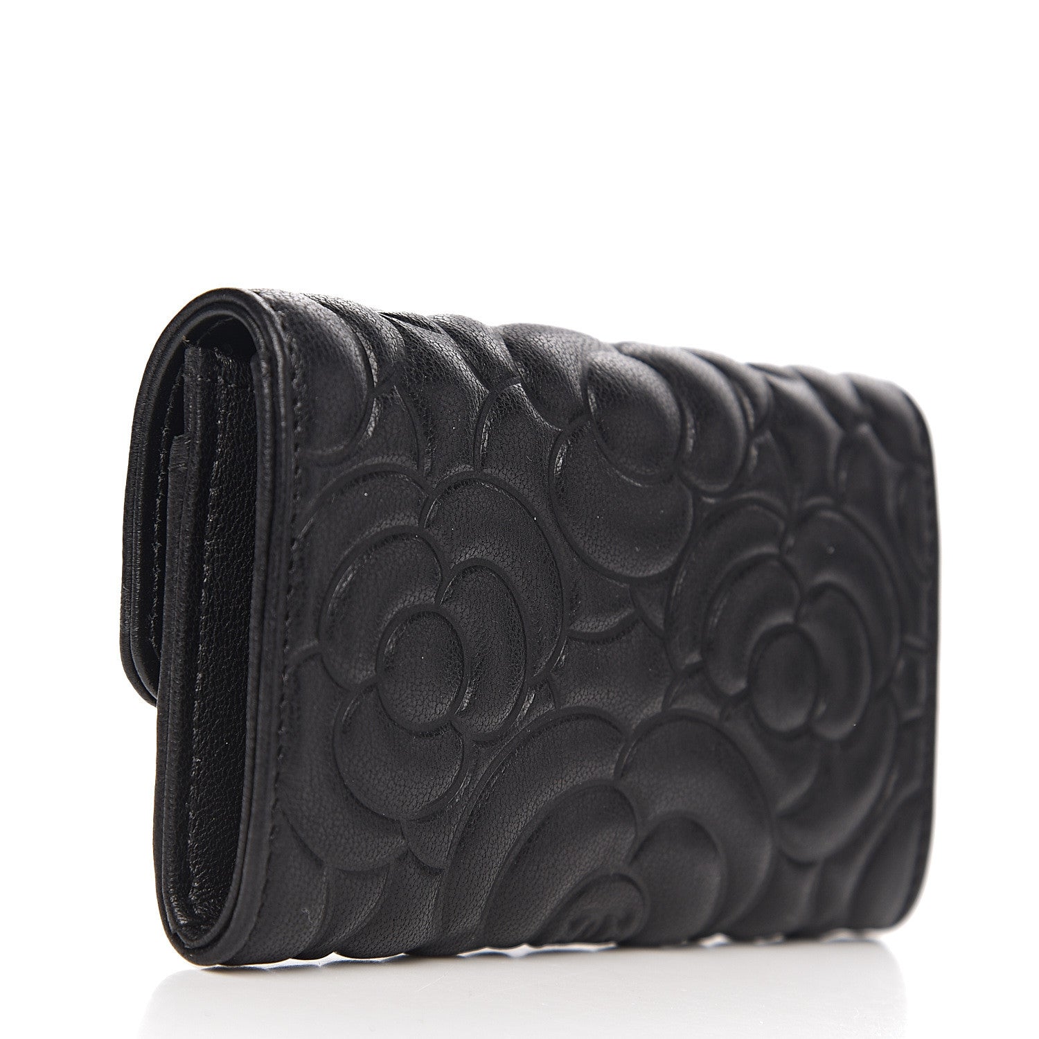 Chanel Lambskin Camellia Embossed Card Holder Wallet Black 2 of 8