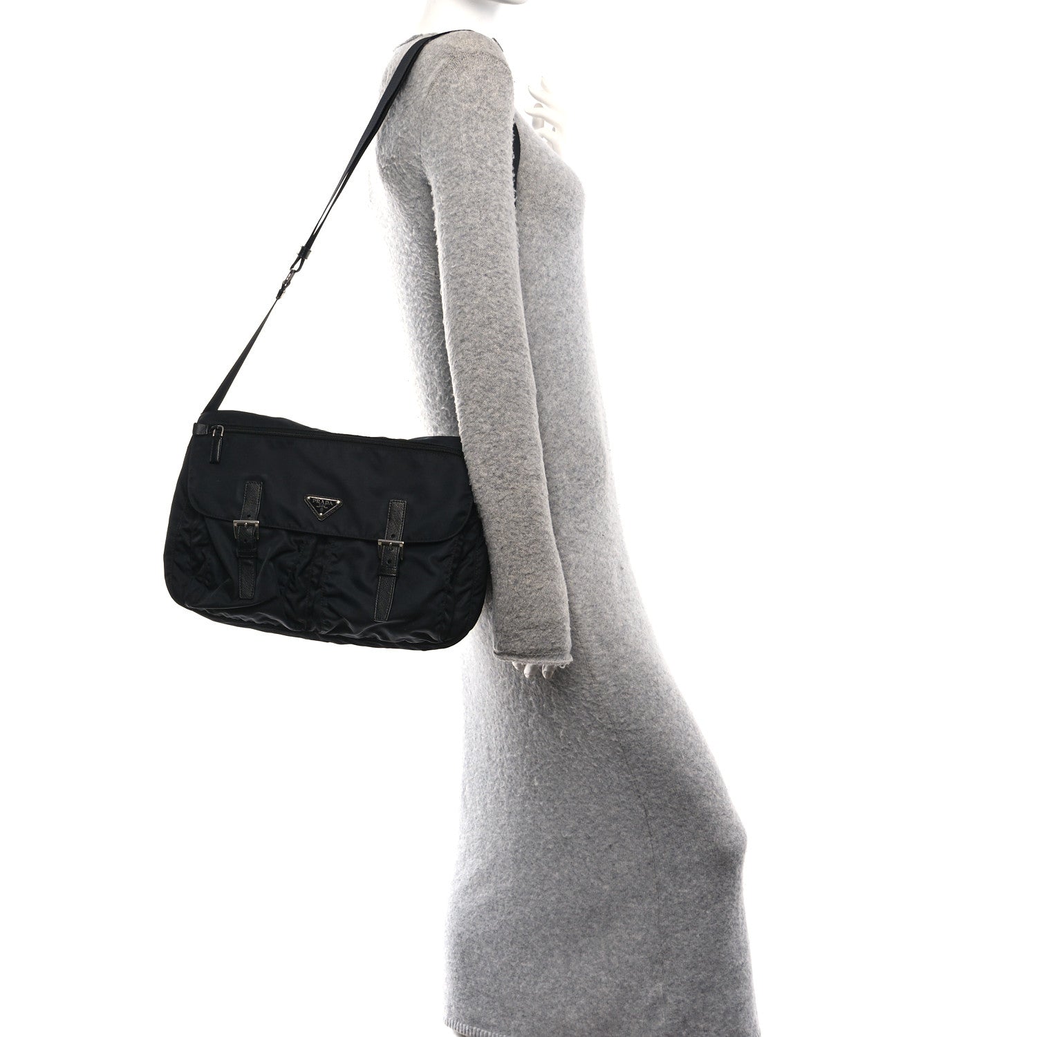 Prada Tessuto Nylon Saffiano Double Buckle Messenger Shoulder Bag Black 2 of 11