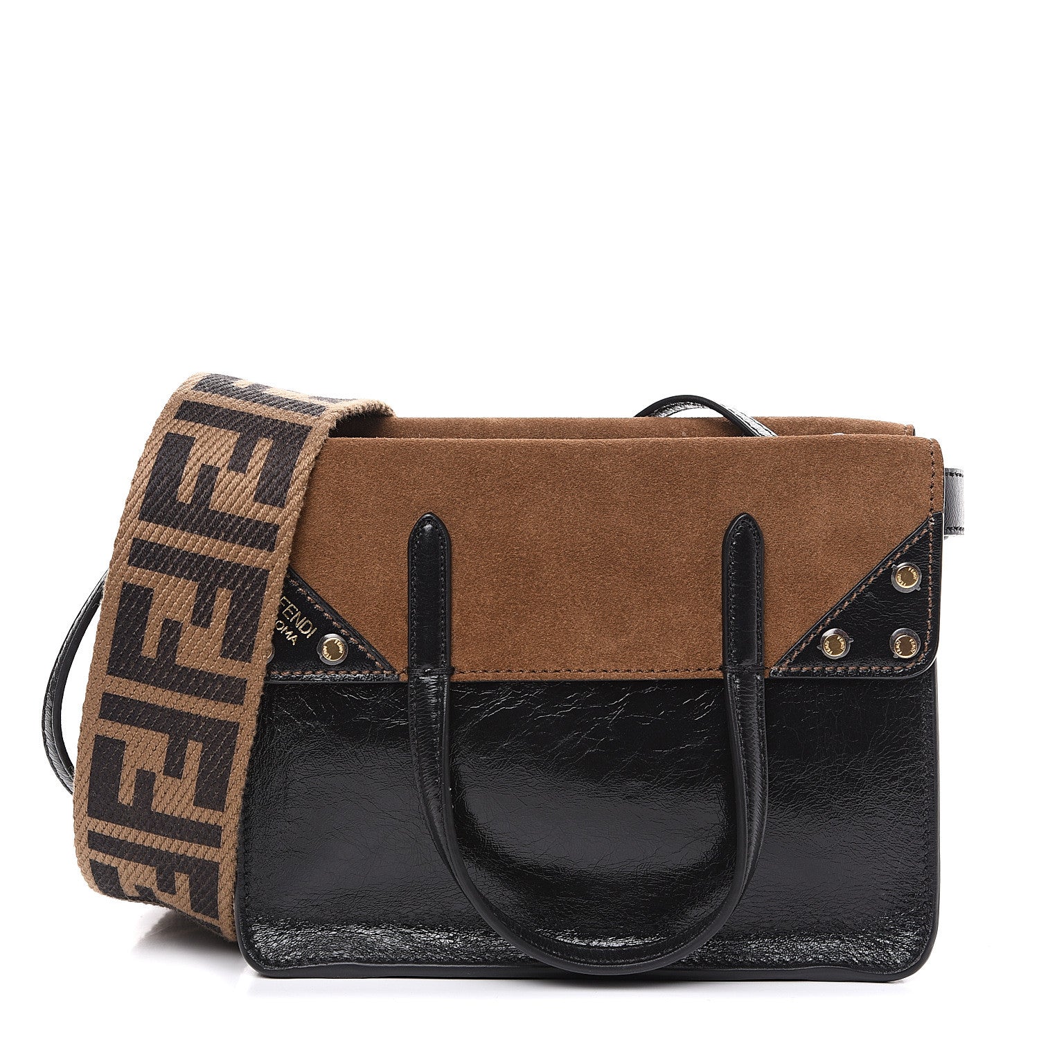 Fendi Agnello Old Shine Vitello Go Rain Small Flip Tote Black Marrone 1 of 7