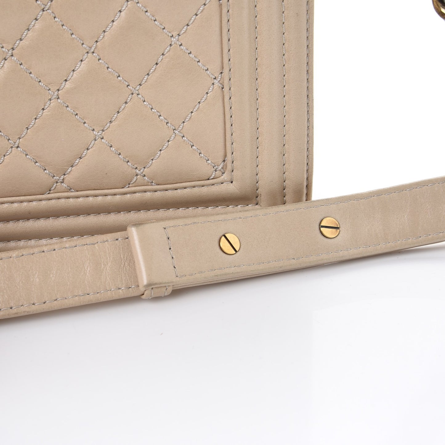 Calfskin Quilted Large Boy Flap Beige