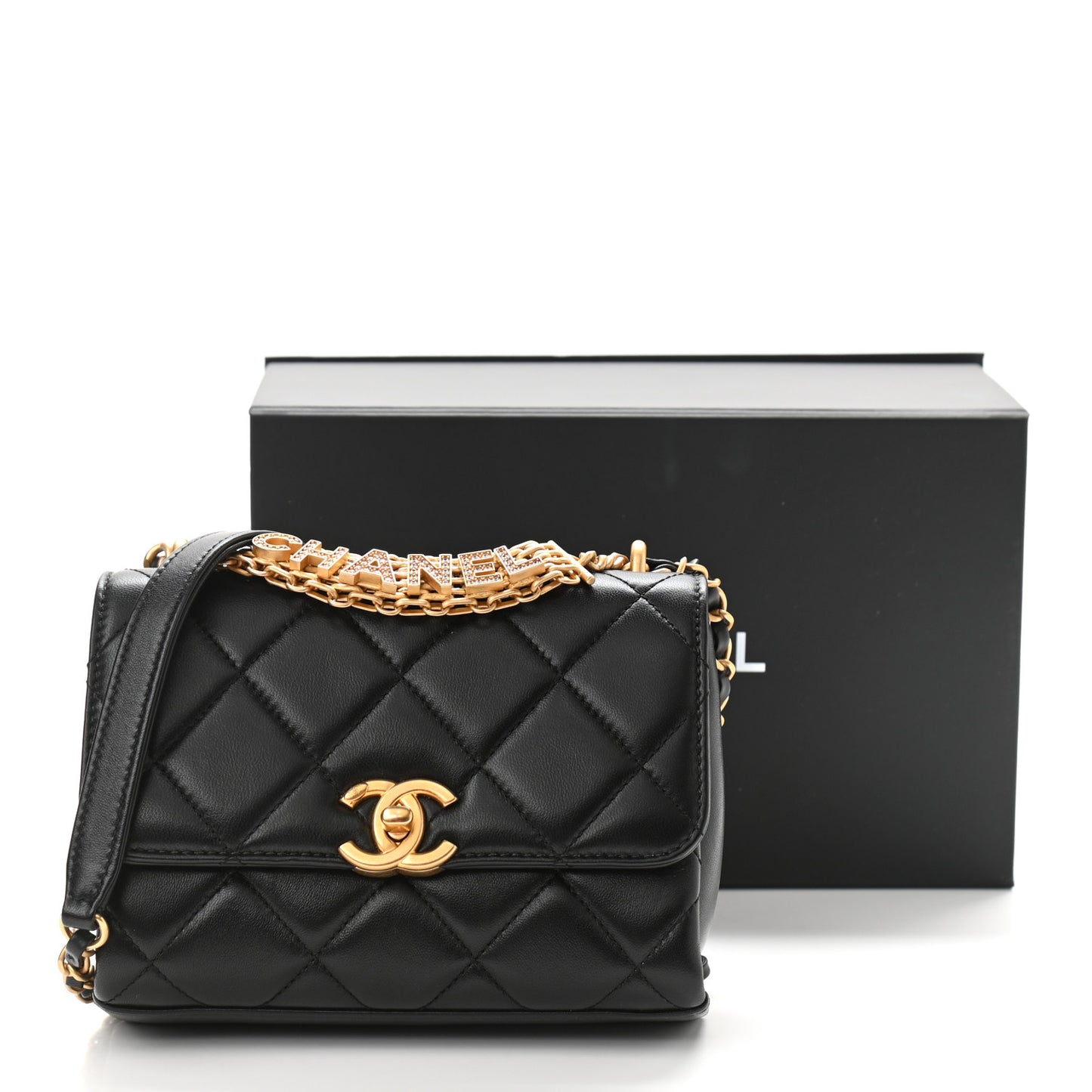 Lambskin Quilted Mini CC Crystal Logo Chain Flap Black