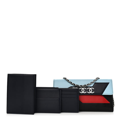 Chanel Lambskin Airlines Wallet On Chain WOC Blue Black Red 3 of 13