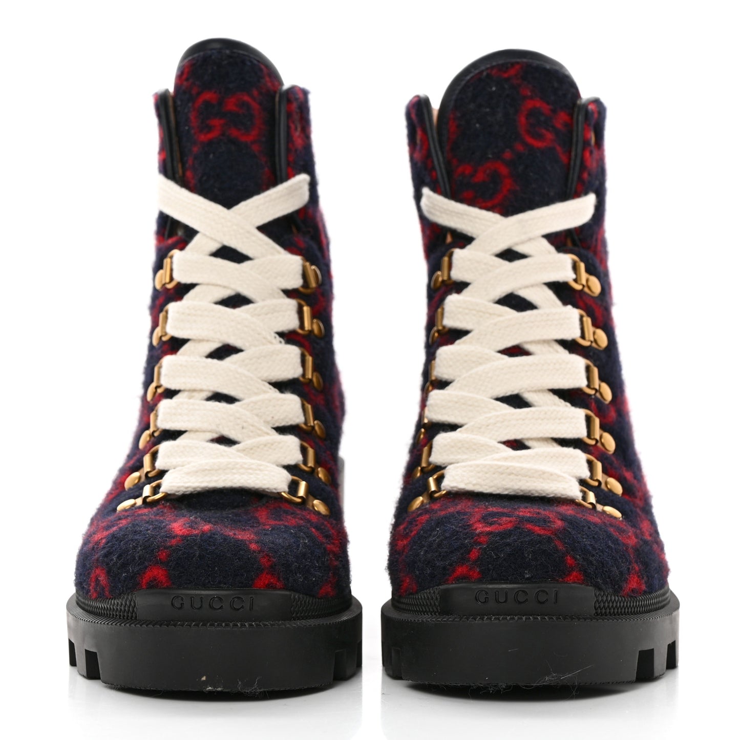 Covered Wool Big GG Monogram Womens Lace Up Combat Ankle Boots 38.5 Blue Red
