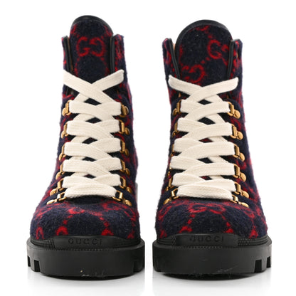 Gucci Covered Wool Big GG Monogram Womens Lace Up Combat Ankle Boots 38.5 Blue Red 2 of 10