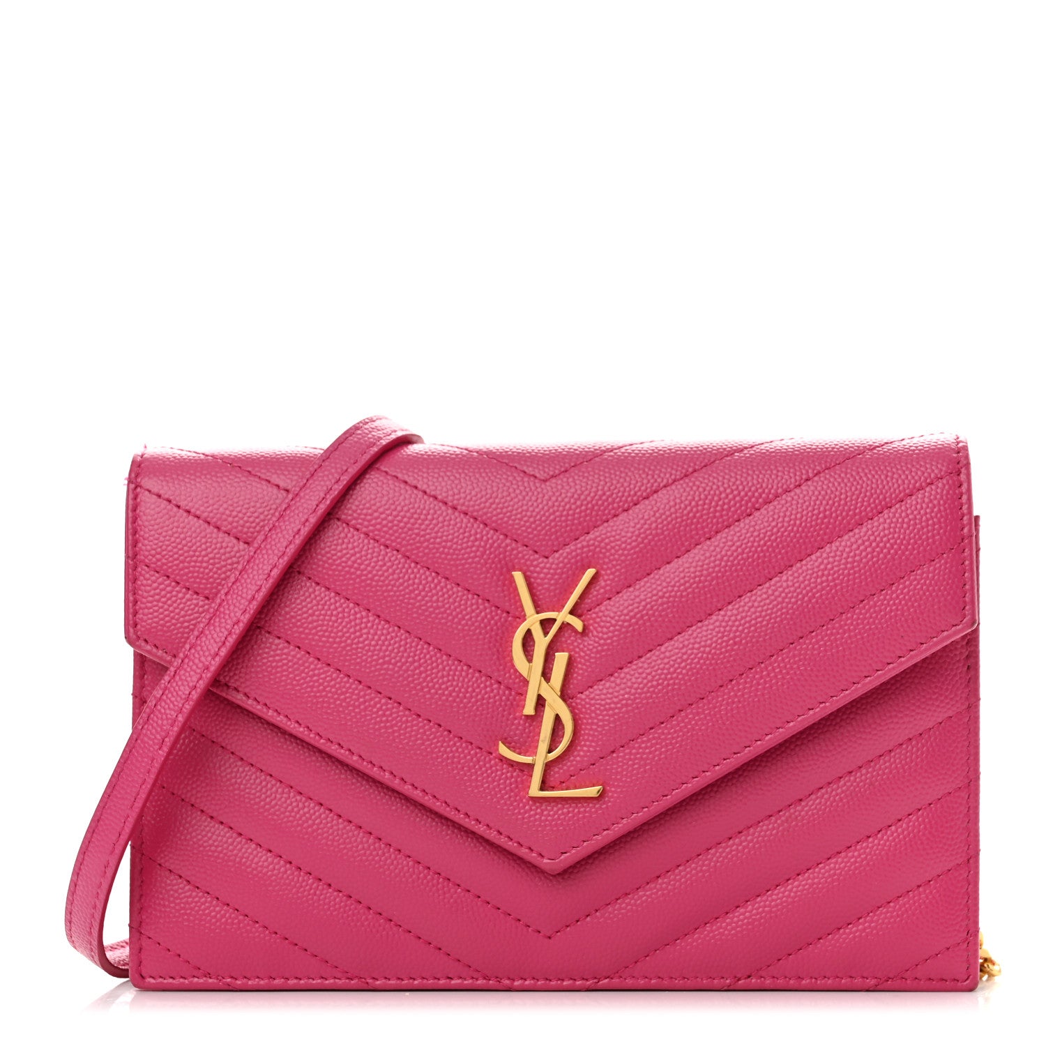 Saint Laurent Grain De Poudre Matelasse Chevron Monogram Envelope Chain Wallet Fresh Fuchsia 1 of 10