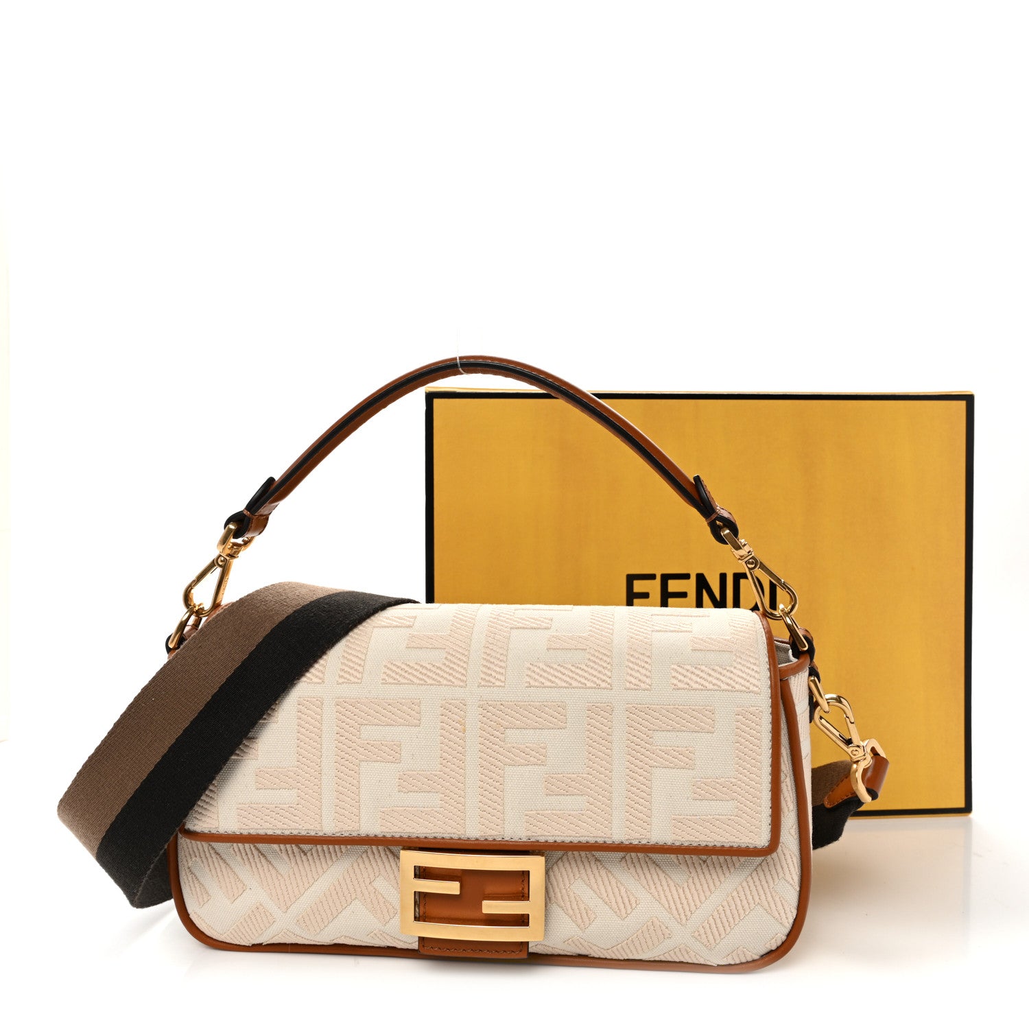 Fendi Canvas Vitello King Bi-Color Strap FF Embroidered Baguette Grezzo Brandy Cuoio 11 of 11