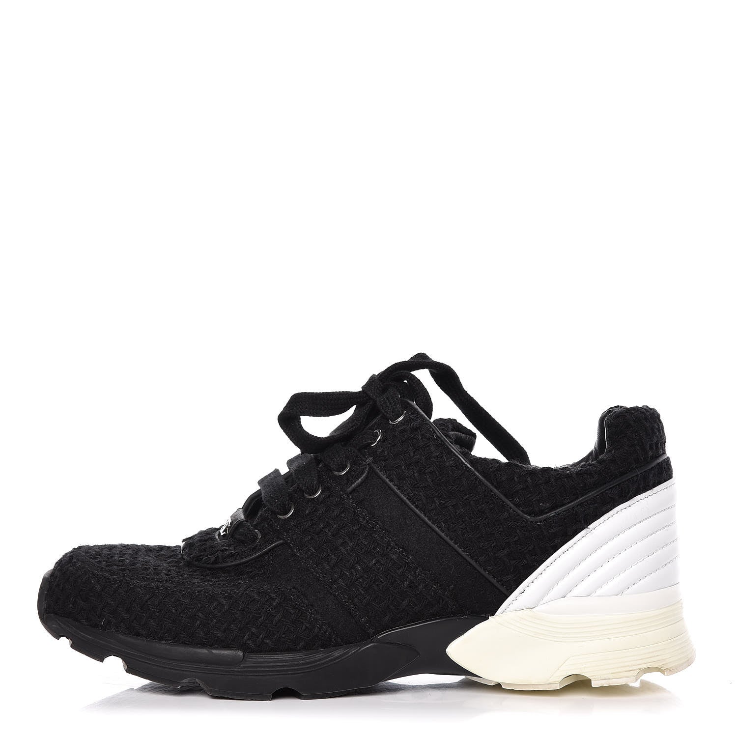 Chanel Tweed Calfskin Sneakers 40 Black White 1 of 14