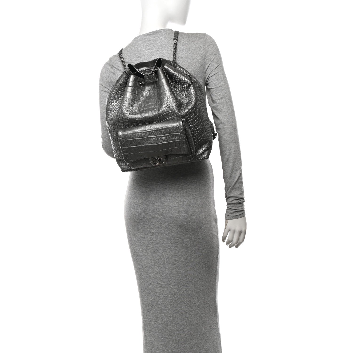 Chanel Metallic Calfskin Crocodile Embossed Large Backpack Silver 2 of 10