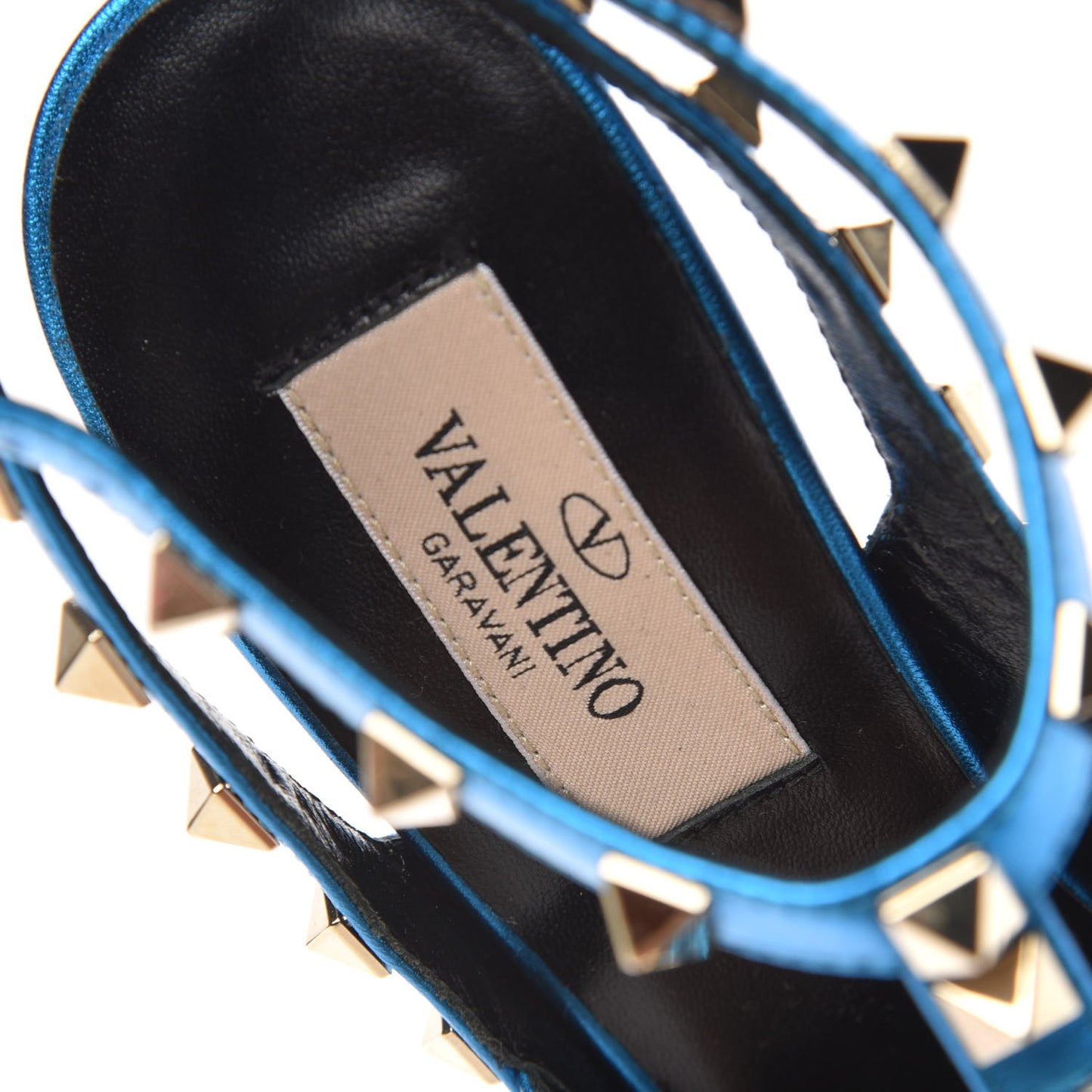 Metallic Pebbled Calfskin Rockstud Ankle Strap Pumps 36 Light Blue